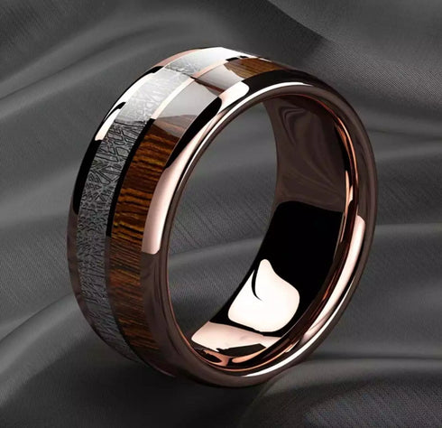 Men 8mm Tungsten Rose Gold Plated Silver Koa Wood Inlay Engagement Wedding Band